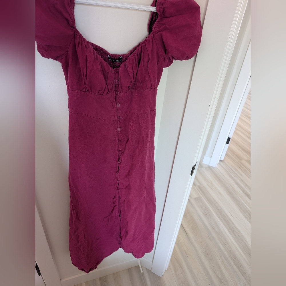 Zara Linen Cotton Milkmaid Button Midi Dress Pink Cottagecore Puff Sleeve Slit S